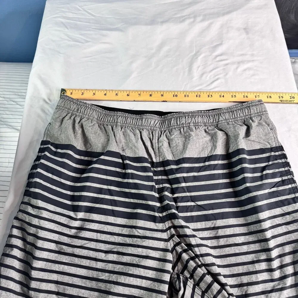 Kirkland Signature Men’s Swim Trunks XL Gray Black Striped Stretch Swim Shorts